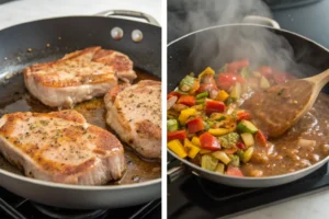 Step-by-step photos showing how to prepare smothered pork chops for soul food dinner ideas.