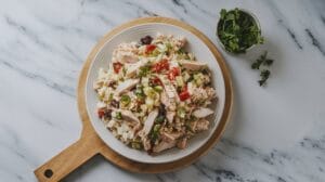A bowl of creamy chicken salad 