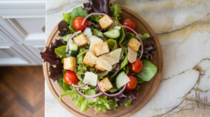 A high-quality overhead shot of a classic garden salad. The image focuses on showcasing the most common ingredients, such as mixed greens, cherry tomatoes, sliced cucumbers, shredded carrots, sliced bell peppers, and red onions. This image emphasizes the freshness and simplicity of a well-made salad using standard ingredients, and aims to answer what are the most common ingredients in salad.