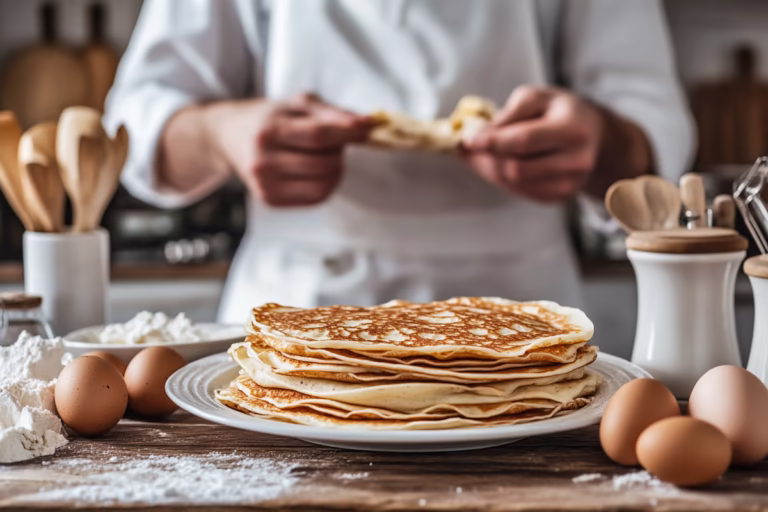 Close-up view of a delicious gluten-free pancake on a kitchen counter.