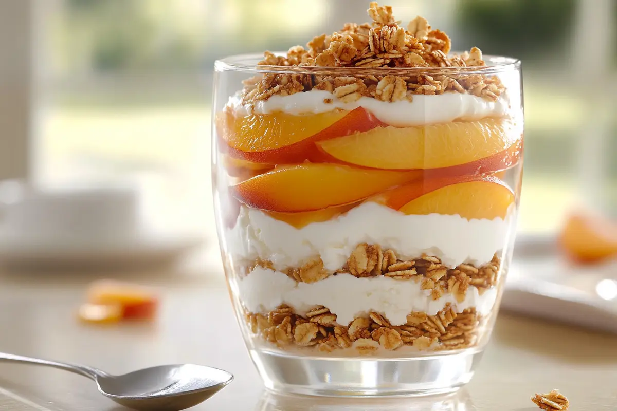 Delicious cottage cheese with juicy peach slices