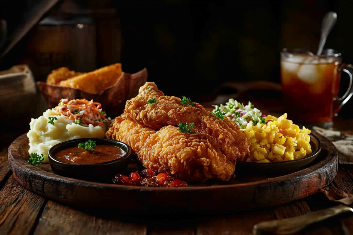 Delicious Southern fried chicken with classic side dishes