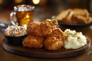 golden Southern fried chicken served on a rustic wooden plate 3
