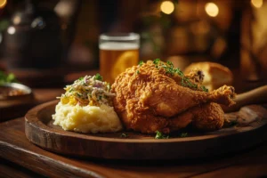 golden Southern fried chicken served on a rustic wooden plate 2