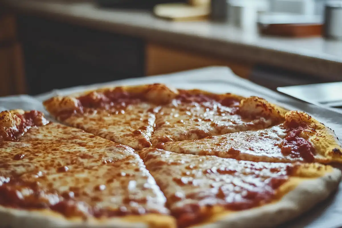 Close-up of a delicious cheese pizza slice with a perfect cheese pull.