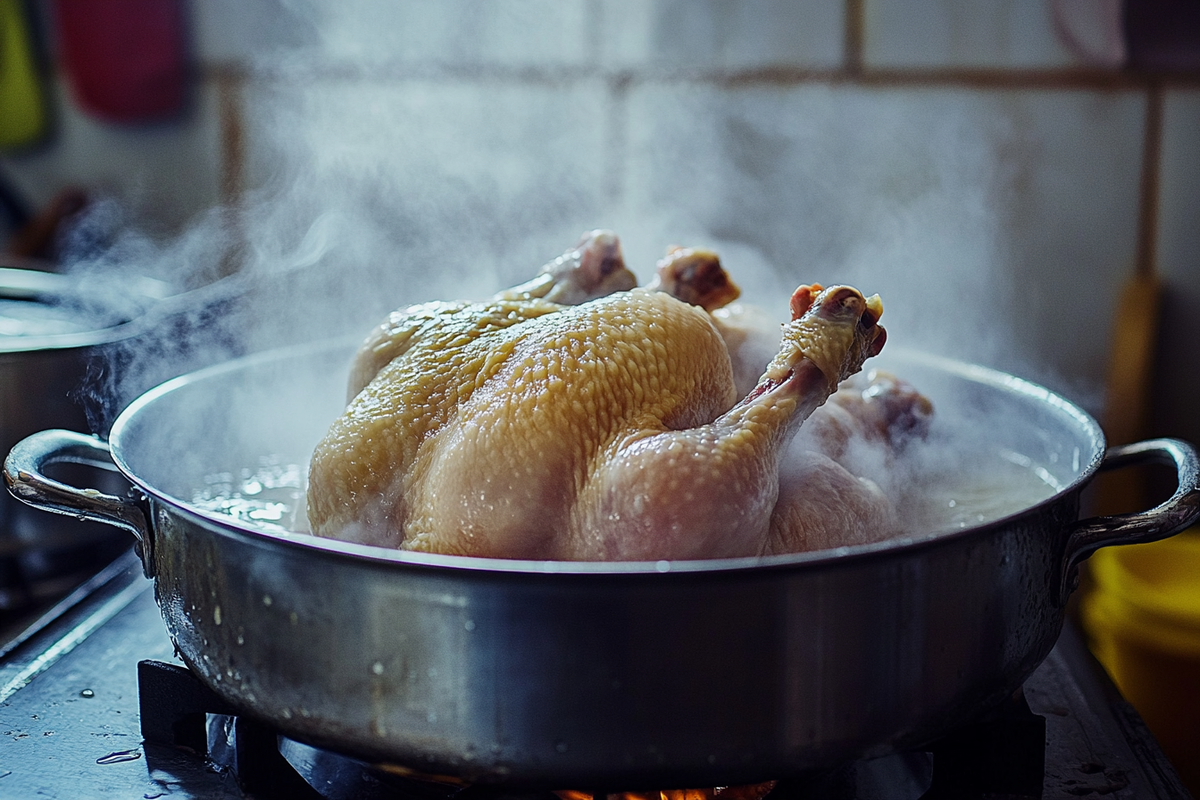 Simmering frozen chicken breasts on the stovetop.