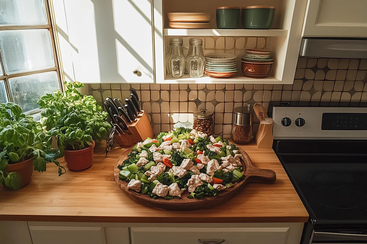 A bowl of creamy chicken salad that is not dry.