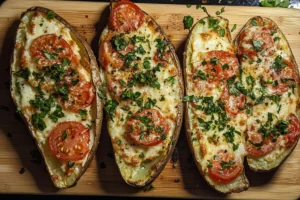 “Crispy air fryer baked potato skins with a creamy cottage cheese filling”