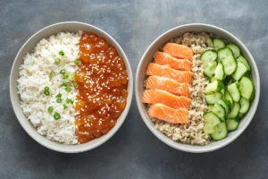 Portion control tips for teriyaki salmon rice bowl.