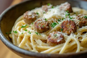 Chicken sausage pasta with bell peppers in a skillet