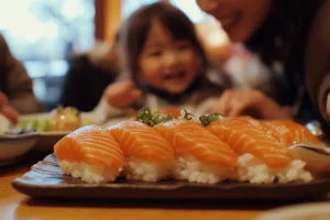 Family enjoying a meal of salmon and rice.