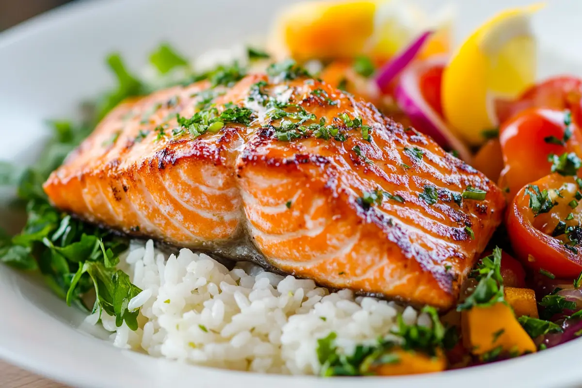 Delicious salmon and rice bowl with fresh toppings