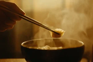 Chicken soup dumpling being picked up with chopsticks.