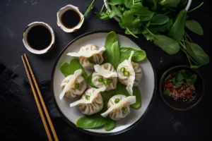 Healthy plate of steamed chicken dumplings with green vegetables.