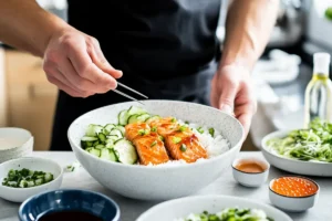 Assembling a teriyaki salmon rice bowl.