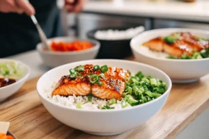 Fresh ingredients for teriyaki salmon rice bowl recipe