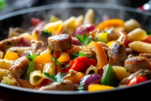 Ingredients for chicken sausage pasta on a wooden table