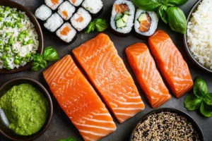 An overhead view of various salmon and rice dishes, sushi, bowls, grilled salmon.