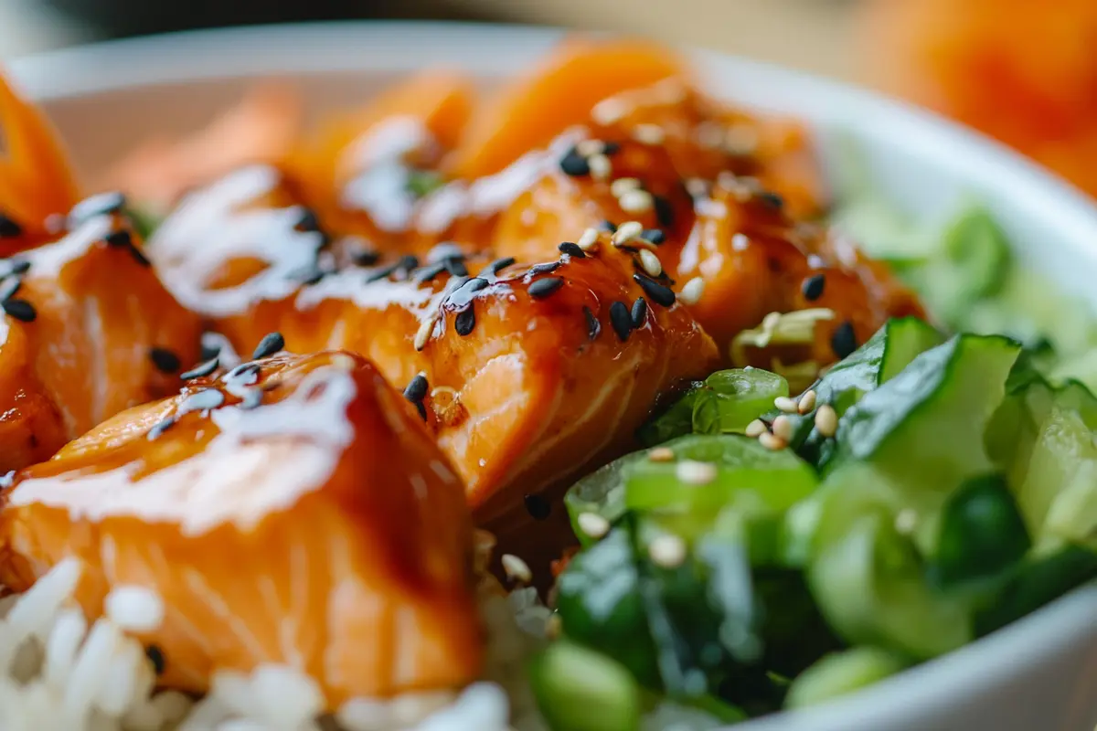 Delicious teriyaki salmon rice bowl recipe.