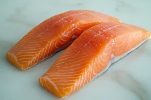 Close up of flaked salmon on bed of rice.