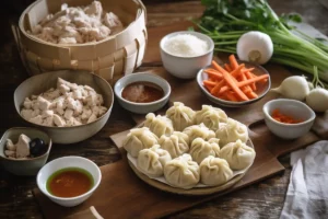 Steamed chicken dumplings in a bamboo steamer, ready to eat.