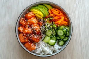 Low-calorie toppings for teriyaki salmon rice bowl.