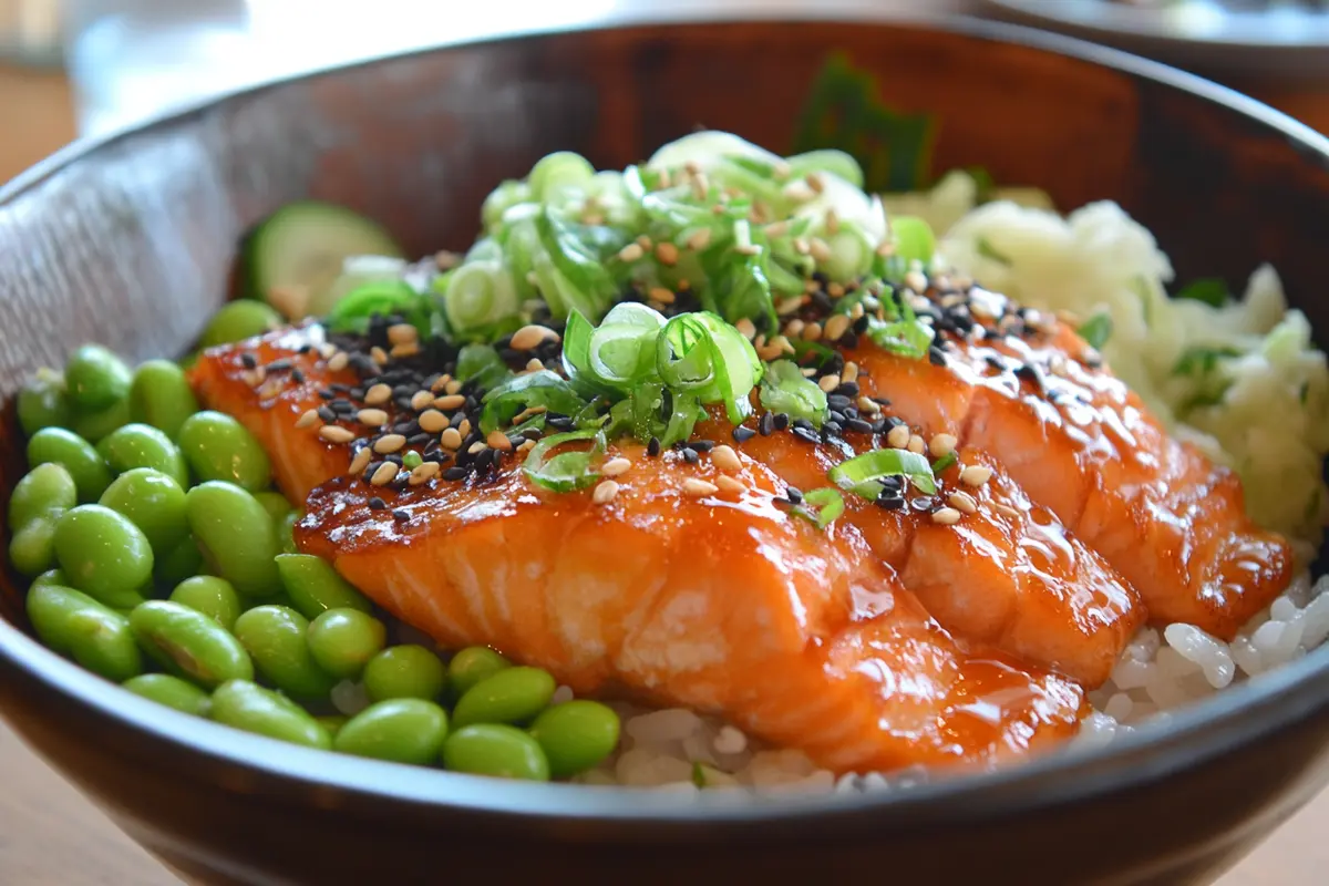 How many calories in a teriyaki salmon rice bowl visual representation