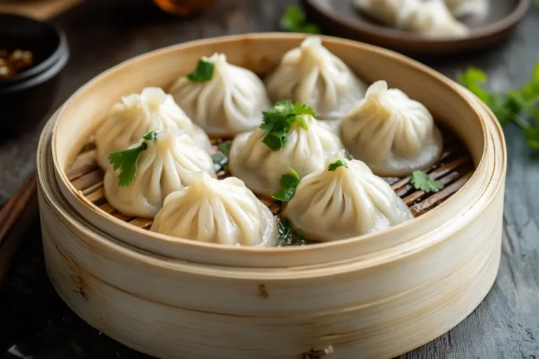 Steaming hot chicken soup dumplings in bamboo steamer.