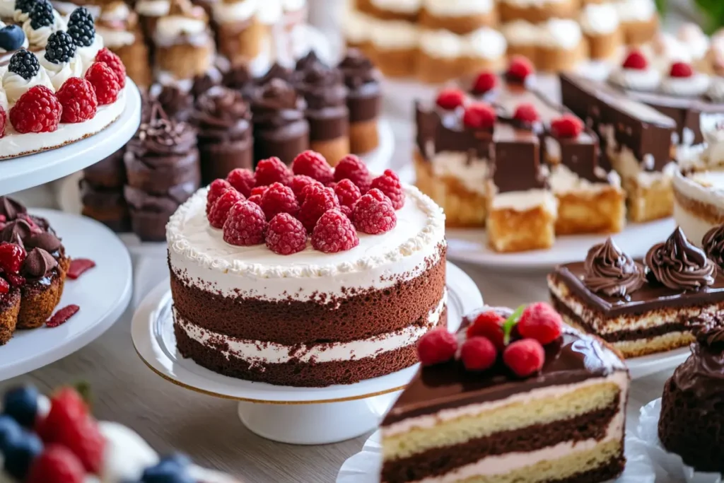 A photo showing different types of cake.