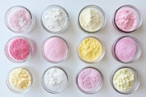 An organized look at the steps. These are the different types of cake. Title: Ingredients for a perfect dish.