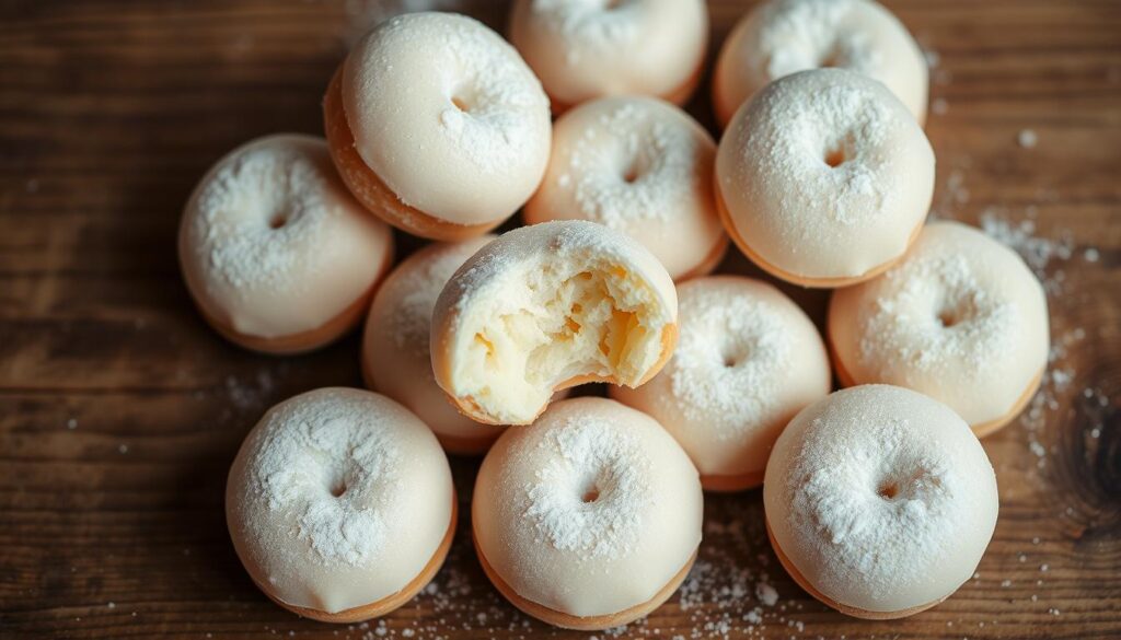 A batch of freshly baked gluten-free mochi donuts, their pillowy soft exteriors lightly dusted with a delicate coating of powdered sugar. The donuts are artfully arranged on a rustic wooden surface, the natural grain of the wood contrasting beautifully with the muted pastel tones of the desserts. Soft, even lighting from above gently illuminates the scene, highlighting the subtle translucency of the mochi dough and the delicate sugar crystals. The composition is balanced, with the donuts placed in an organic, asymmetrical layout that invites the viewer to imagine picking one up and sinking their teeth into the chewy, subtly sweet treat.