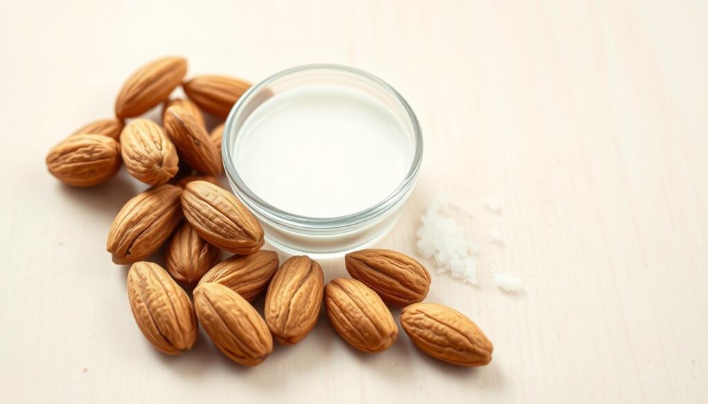 A close-up, high-resolution photograph of the core ingredients for gluten-free almond milk: whole raw almonds, filtered water, and a pinch of sea salt, arranged artfully on a light-colored wooden surface. Soft, even lighting illuminates the natural textures and tones of the ingredients, creating a clean, minimalist composition. The focus is sharp, drawing the viewer's attention to the simplicity and wholesome nature of the almond milk preparation. The overall mood is one of purity, health, and transparency, suitable for illustrating the "Understanding Almond Milk and Gluten" section of the article.