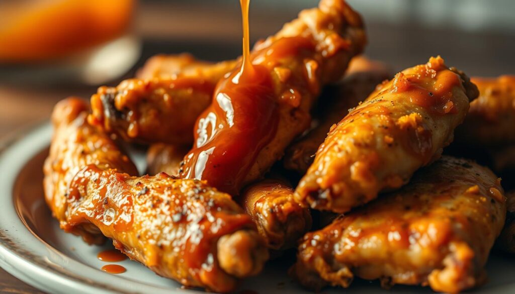 A close-up shot of a plate of golden-brown, crispy gluten-free chicken wings, seasoned with a blend of aromatic spices. The wings are arranged in a visually appealing manner, with a light drizzle of a tangy, gluten-free sauce cascading over them. The image is captured in a warm, inviting lighting, creating a mouthwatering and appetizing atmosphere. The background is slightly blurred, allowing the wings to be the focal point, emphasizing their delectable texture and flavor. The overall composition conveys the satisfying and guilt-free nature of this gluten-free indulgence.