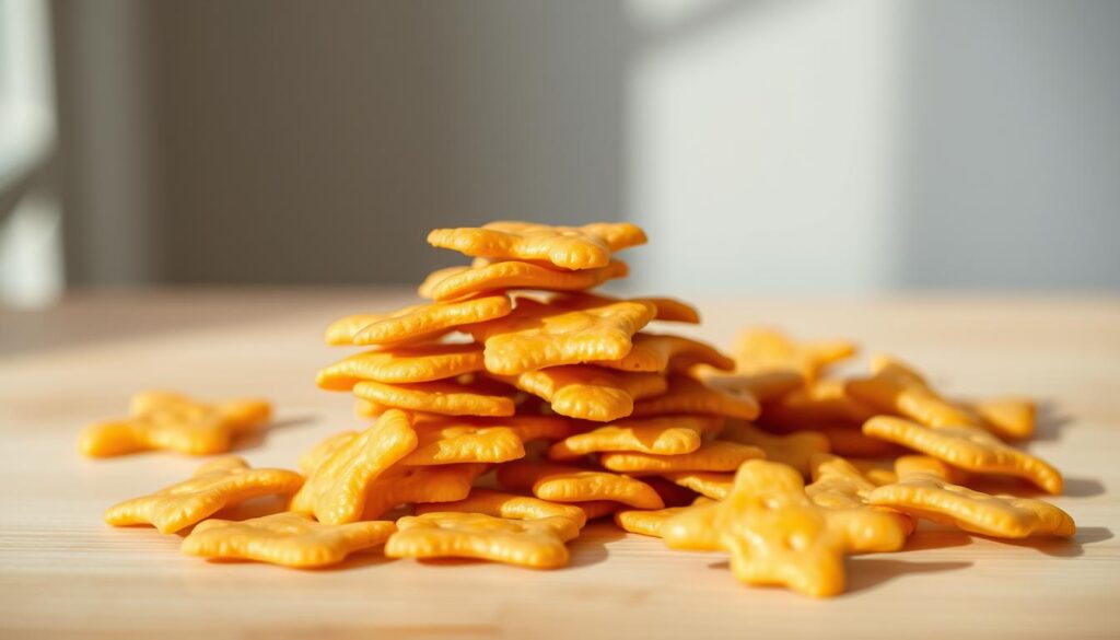 A close-up shot of a stack of crisp, golden-brown gluten-free goldfish crackers arranged on a light wooden surface. The crackers are shaped like playful fish and have a delicate, airy texture. The lighting is soft and natural, creating gentle shadows that accentuate the snacks' organic contours. The background is blurred, allowing the crackers to take center stage as a healthy, guilt-free indulgence. The overall mood is one of simplicity, wholesomeness, and the joy of discovering a tasty gluten-free alternative to traditional goldfish crackers.