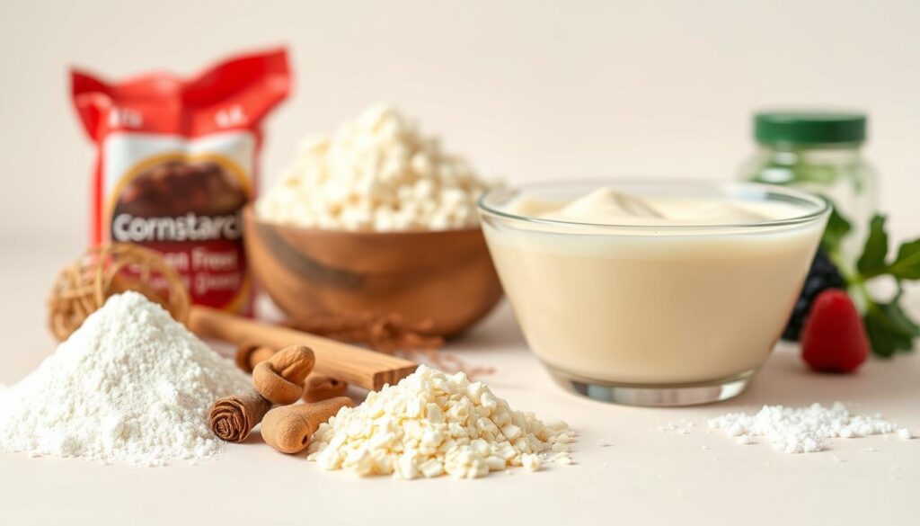 A close-up view of various natural gluten-free ingredients used in the production of Jello instant pudding, set against a clean, minimalist background. The foreground showcases a selection of whole food items like cornstarch, tapioca, and arrowroot, arranged in an aesthetically pleasing manner. The middle ground depicts a bowl of freshly prepared Jello pudding, its smooth, creamy texture inviting. The background is a softly lit, neutral-toned studio setting, emphasizing the purity and simplicity of the gluten-free pudding components. Captured with a crisp, high-resolution lens to highlight the natural textures and vibrant colors of the ingredients.