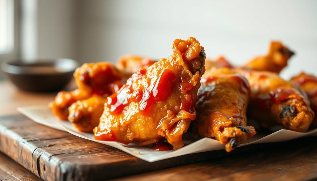 A delectable close-up of crisp, golden gluten-free chicken wings, glistening with a tantalizing sauce. The wings are beautifully arranged on a rustic wooden table, with a simple white background that allows the vibrant colors and textures to shine. Soft, natural lighting casts a warm, inviting glow, highlighting the wing's perfectly crisped skin and the enticing sauce that drips down the sides. The composition is balanced and visually appealing, showcasing the wings as the star of the image. The overall mood is one of mouthwatering anticipation, inviting the viewer to imagine the satisfying crunch and bold flavors of these irresistible gluten-free wings.