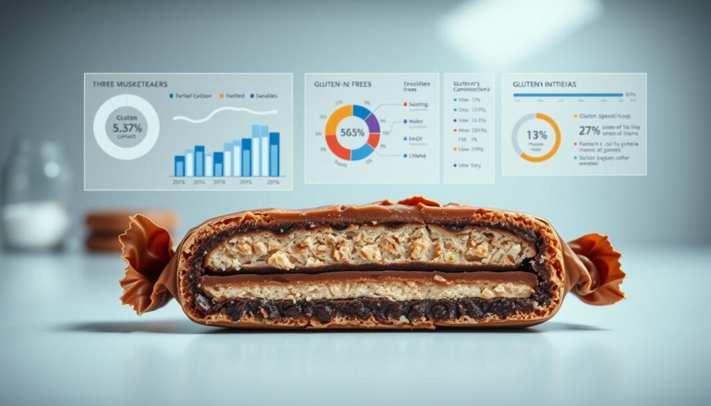A high-contrast, close-up view of a Three Musketeers candy bar, dissected to reveal its internal structure and composition. The foreground showcases the bar's layers, with a focus on the gluten-free ingredients and nutritional breakdown. The middle ground features scientific-looking charts, graphs, and data visualizations that analyze the gluten content and compare it to other similar confections. The background is a clean, minimalist laboratory setting with subtle lighting and depth of field to emphasize the analytical nature of the scene.