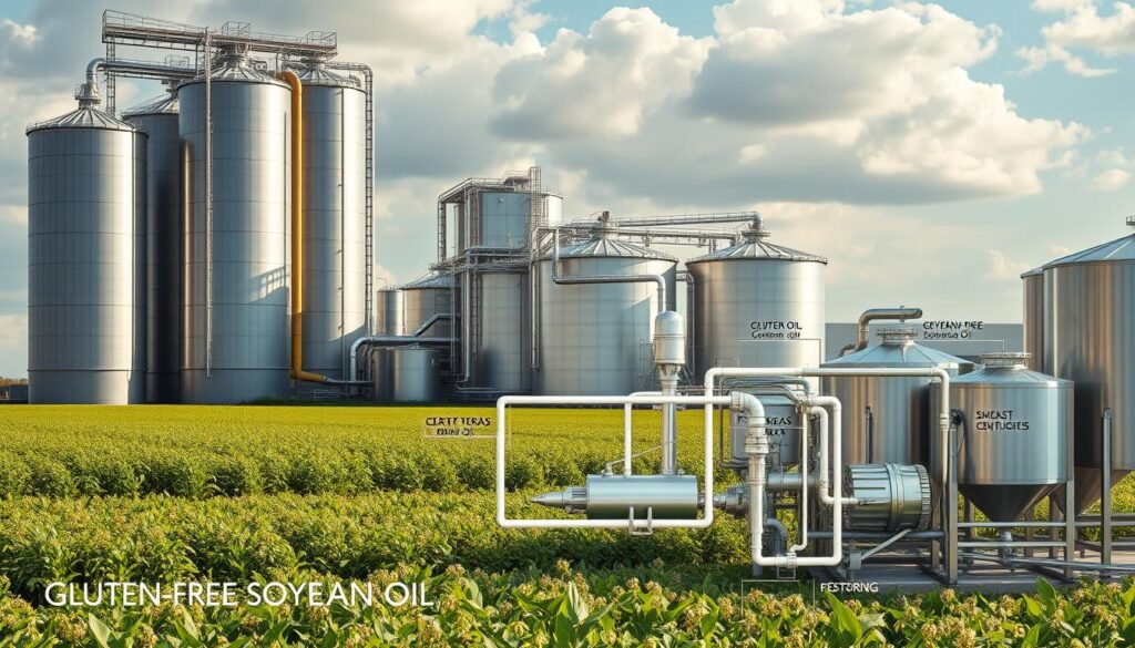 A large industrial facility with towering silos and gleaming metal tanks, surrounded by a landscape of lush soybean fields. In the foreground, a detailed schematic shows the gluten-free soybean oil production process, with labeled pipes, valves, and centrifuges. Bright, diffused lighting illuminates the intricate machinery, creating a sense of technical sophistication. The overall mood is one of efficient, high-tech agricultural processing, emphasizing the purity and quality of the final soybean oil product.