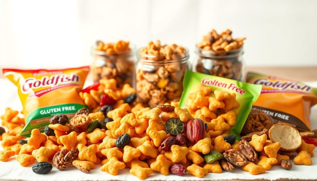 A mouthwatering arrangement of various gluten-free snacks against a bright, airy background. In the foreground, artfully displayed are crunchy gluten-free Goldfish crackers in an assortment of shapes and flavors, complemented by colorful dried fruit, roasted nuts, and baked veggie chips. The middle ground features a glass jar filled with bite-sized gluten-free granola clusters, while the background showcases a wooden table with a crisp, white tablecloth, creating a clean, inviting atmosphere. Soft, natural lighting casts a warm glow, highlighting the satisfying textures and vibrant colors of these guilt-free snacking delights.