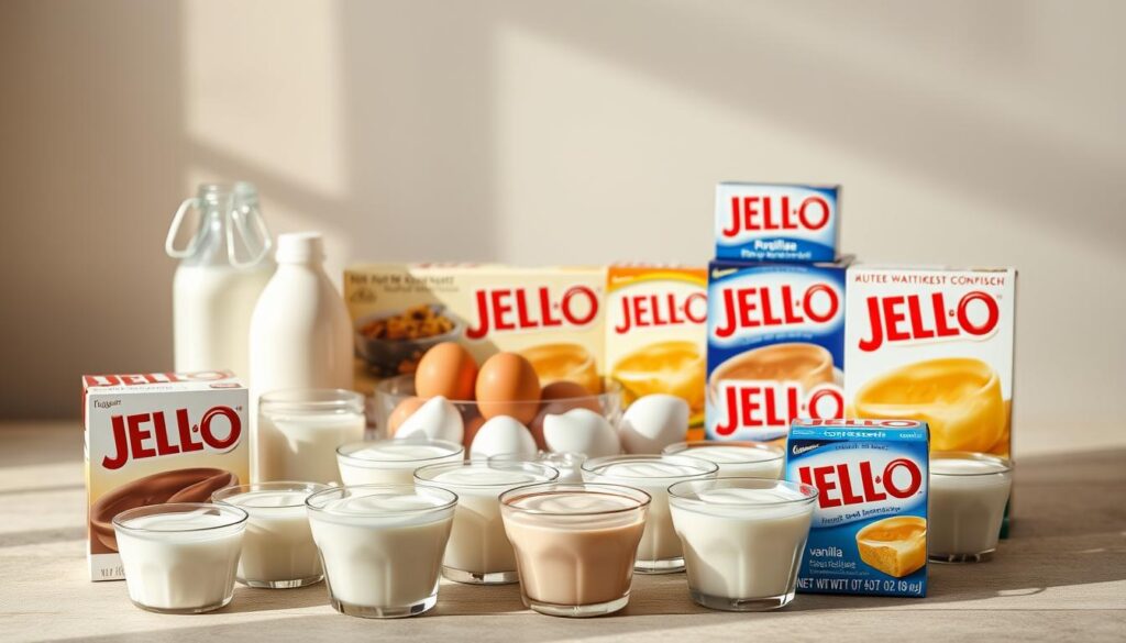 A neatly arranged still life showcasing an assortment of Jello pudding ingredients and varieties. In the foreground, an array of Jello pudding boxes in classic flavors like chocolate, vanilla, and butterscotch, alongside glass ramekins filled with the smooth, creamy dessert. In the middle ground, a scatter of essential ingredients such as milk, eggs, and cornstarch. The background features a soft, neutral-toned backdrop, gently illuminated by natural, diffused lighting, creating a warm, inviting atmosphere. The composition is balanced, highlighting the various textures and colors of the Jello pudding products, conveying a sense of culinary appeal and visual harmony.