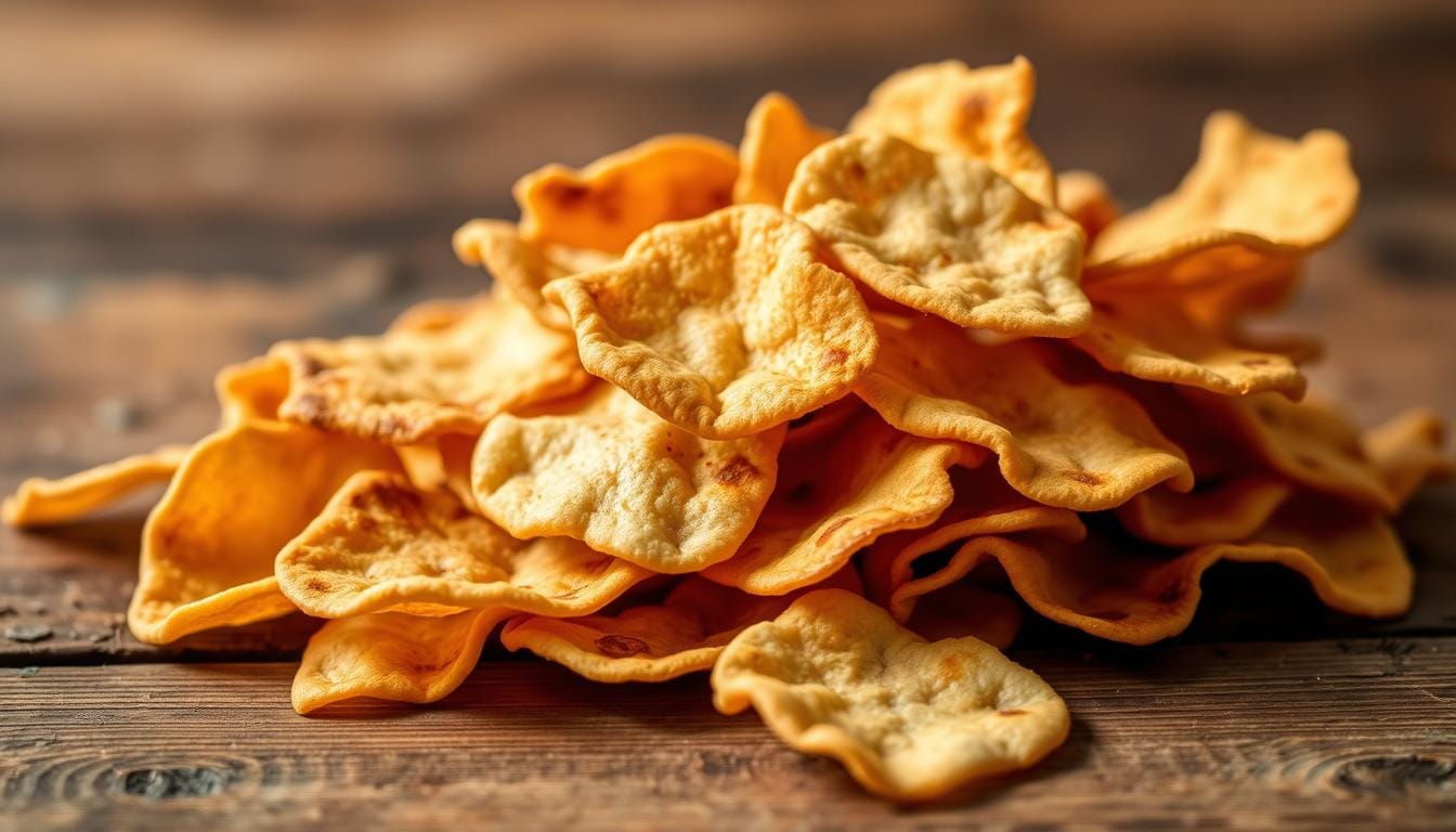 A pile of freshly baked, golden-brown non-GMO pita chips, arranged artfully on a rustic wooden table. The chips have a delicate, crispy texture and a subtle, natural flavor, free from any artificial additives. The lighting is soft and diffused, casting warm, natural shadows that accentuate the texture and hue of the pita chips. The background is blurred, creating a sense of focus on the snack itself, making it the central point of interest. The overall mood is one of simplicity, healthfulness, and culinary delight.