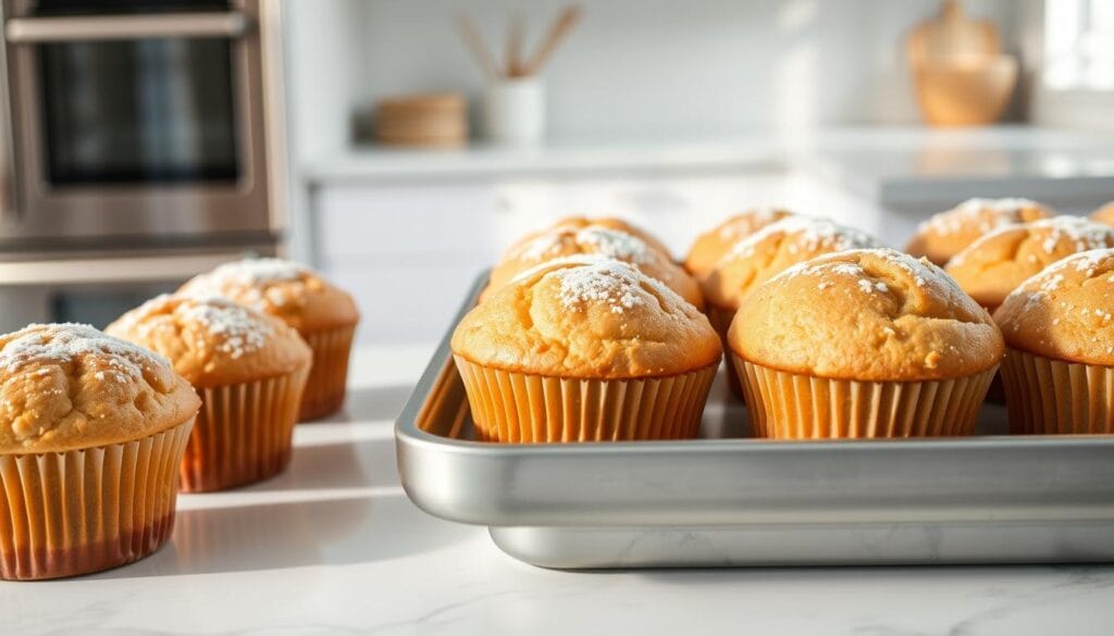 A tray of freshly baked, golden-brown almond flour muffins, their tops lightly dusted with a sprinkling of powdered sugar. The muffins sit atop a clean, white marble countertop, bathed in soft, natural lighting that accentuates their delicate, fluffy texture. In the background, a minimalist kitchen setting with sleek, stainless steel appliances and a neutral color palette creates a calming, inviting atmosphere. The muffins are the clear focus, their gluten-free nature evident in their moist, tender crumb and delicate appearance. The scene conveys a sense of wholesome, healthful indulgence, perfectly suited to illustrate a section on popular gluten-free muffin ingredients.