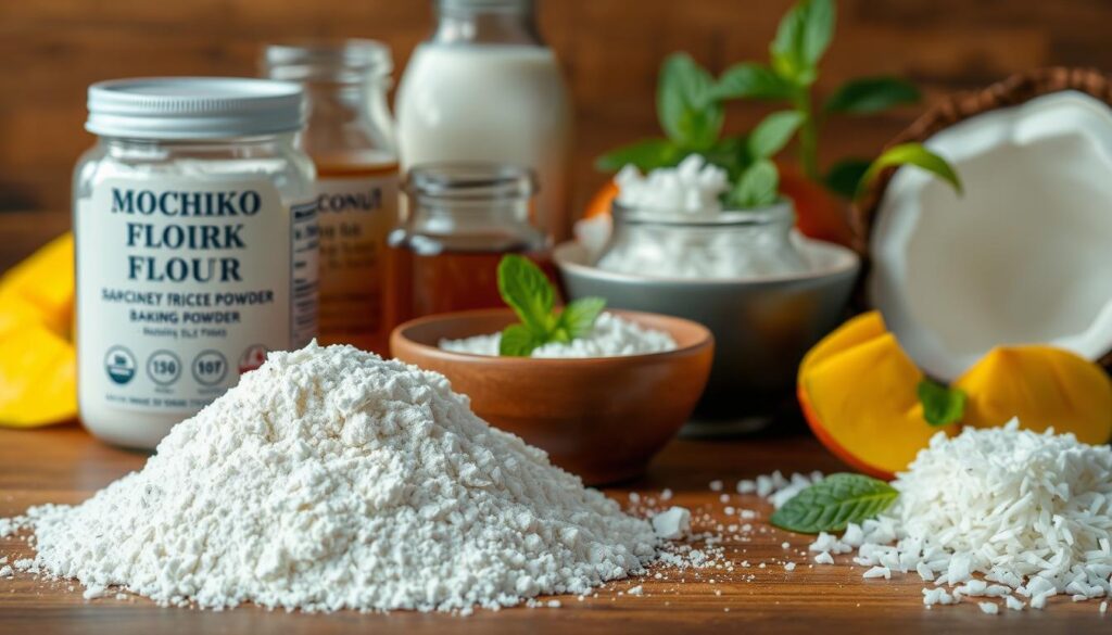 A well-lit, close-up shot of an assortment of gluten-free ingredients for mochi donuts, arranged neatly on a wooden table. In the foreground, a pile of mochiko flour, sticky rice flour, and baking powder. In the middle ground, a bowl of coconut milk, a jar of honey, and a handful of shredded coconut. In the background, a few ripe mango slices and a sprig of fresh mint, creating a vibrant, tropical atmosphere. The lighting is soft and diffused, highlighting the natural textures and colors of the ingredients, conveying a sense of wholesome, homemade goodness.