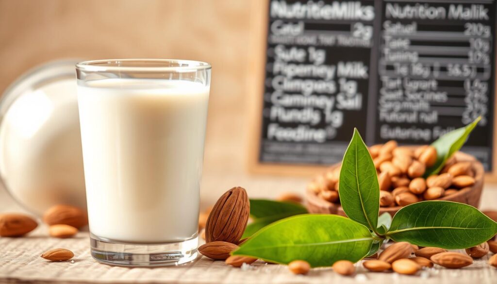 Detailed closeup of a glass of almond milk, with a fresh almond, almond leaves, and nutritional information displayed in the background. The milk should have a creamy, rich texture, with a soft, warm lighting illuminating the scene. The overall composition should convey the wholesome, natural, and healthy qualities of almond milk. The angle should be slightly elevated to showcase the contents of the glass, with a shallow depth of field to keep the background elements slightly blurred. The color palette should be earthy, with muted tones of beige, green, and brown, creating a calming and inviting atmosphere.