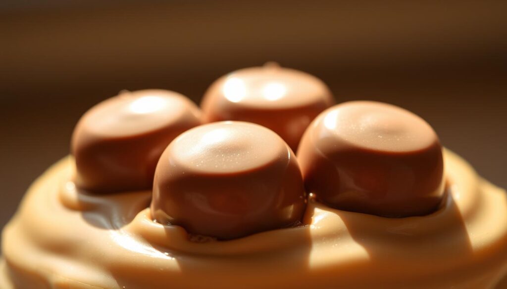 Three gleaming morsels of milk chocolate, nestled atop a bed of smooth nougat, captured in a high-resolution, close-up photograph with a shallow depth of field, illuminated by warm, natural lighting that casts soft shadows, creating a tantalizing, appetizing composition that highlights the rich, inviting textures and colors of the classic Three Musketeers candy.