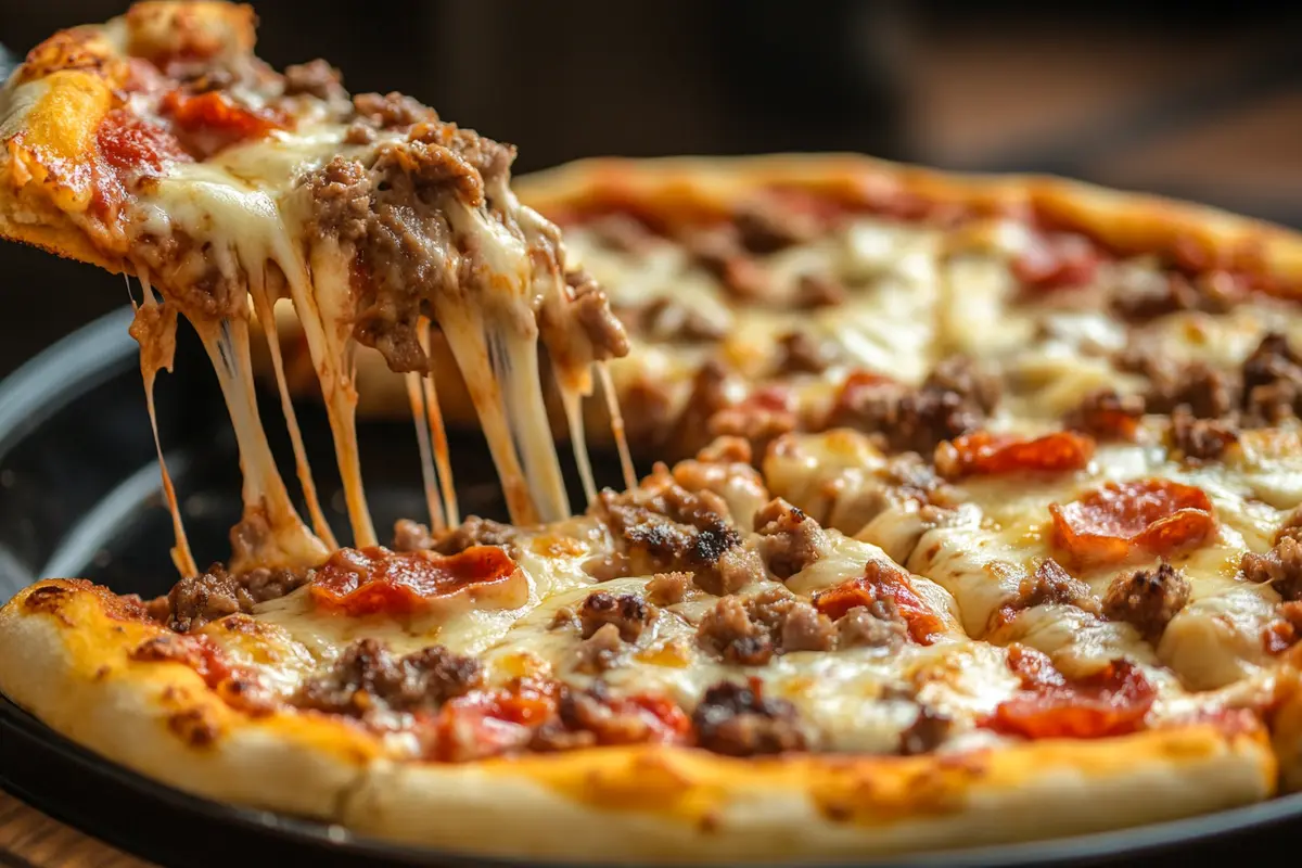 Meat Lovers Pizza Casserole: 30-Minute Dinner! 5 A hand sprinkling pepperoni onto the Meat Lovers Pizza