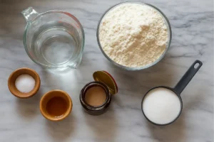 Essential ingredients for homemade bread on a kitchen counter