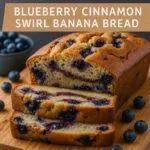 Close-up of Blueberry Cinnamon Swirl Banana Bread slice with blueberries and cinnamon.