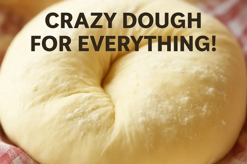 Crazy dough for everything in a bowl on a wooden countertop with flour and rolling pin