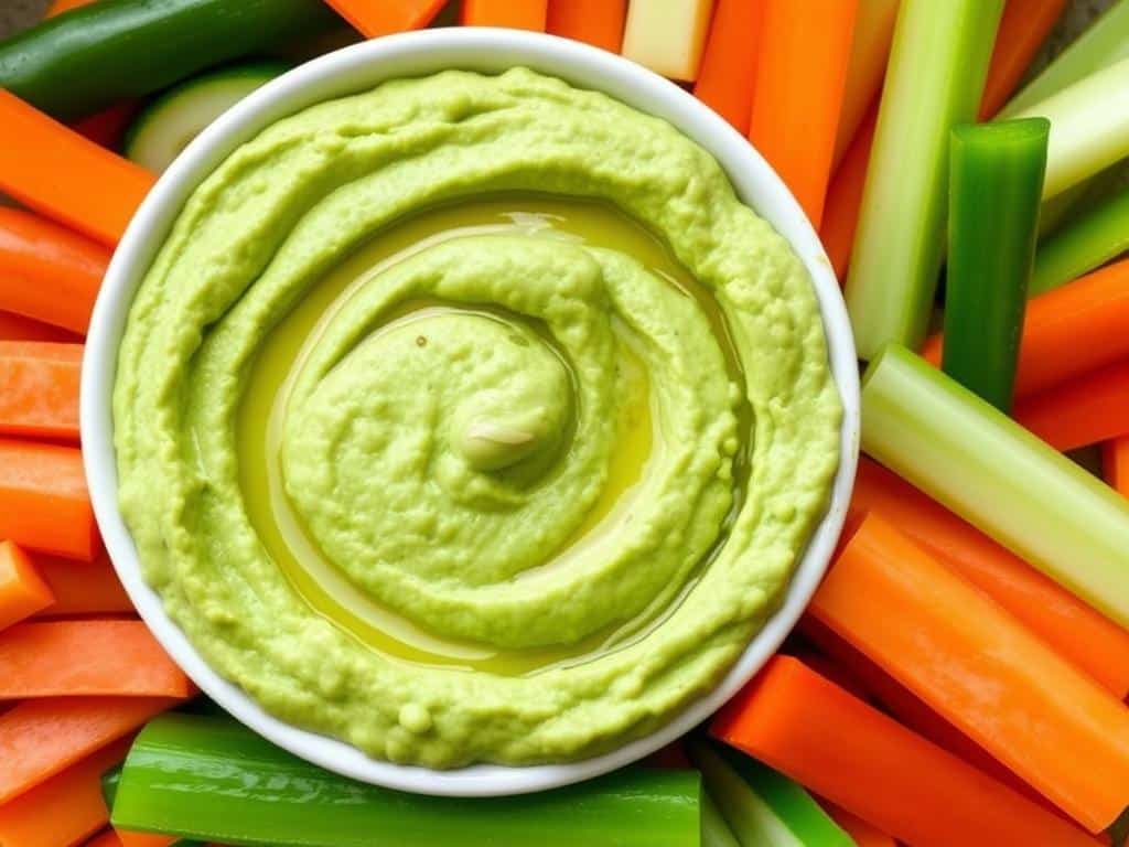 Edamame hummus with vegetable sticks for dipping